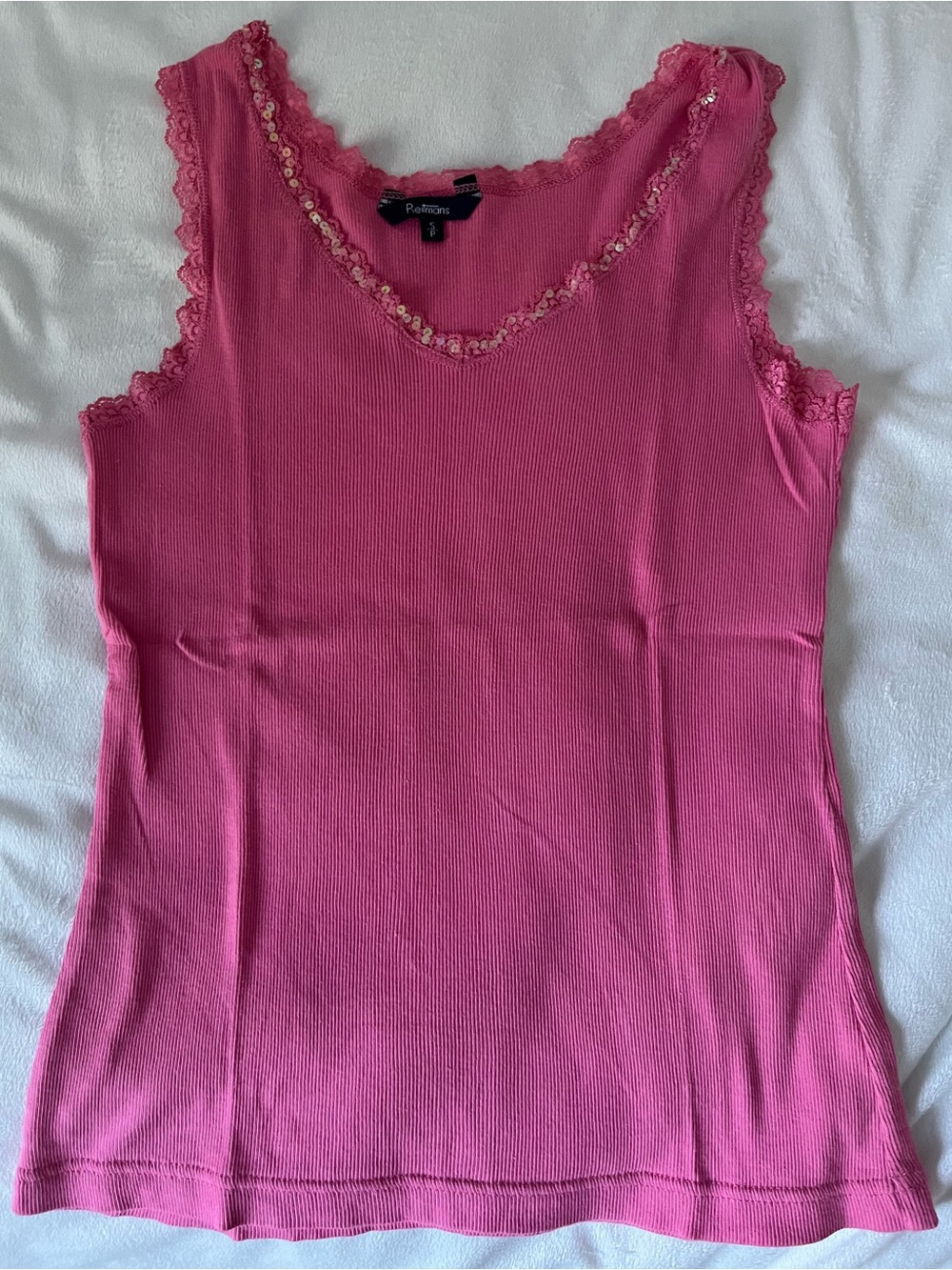 Reitmans Vintage Coral Pink Tank with Floral Lace Trim with Sequins
